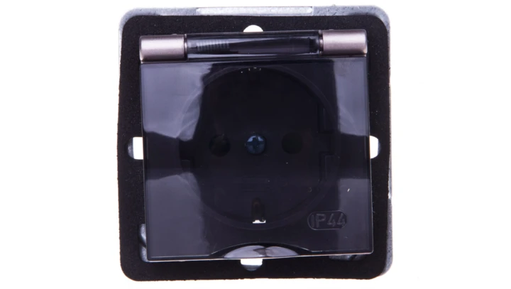 IMPRESJA Gniazdo bryzgoszczelne z/u Schuko IP44 z przesłonami klapka przezroczysta tytan GPH-1YSP/m/23/d