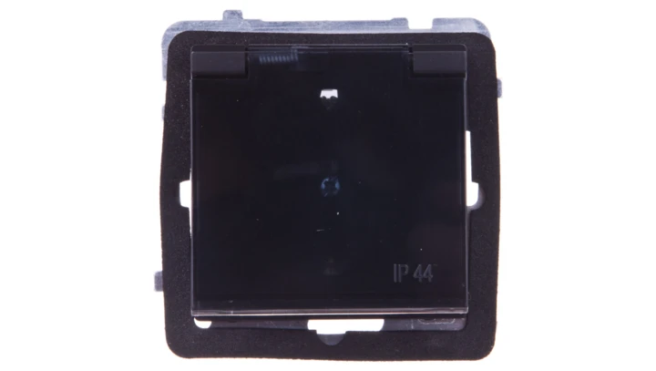 SONATA Gniazdo bryzgoszczelne z/u Schuko IP44 z przesłonami klapka przezroczysta czarny metalik GPH-1RSP/m/33/d