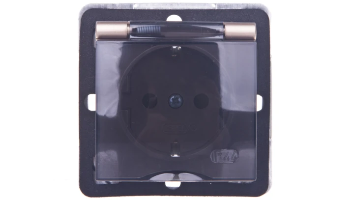 IMPRESJA Gniazdo bryzgoszczelne z/u Schuko IP44 z przesłonami klapka przezroczysta złoty metalik GPH-1YSP/m/28/d