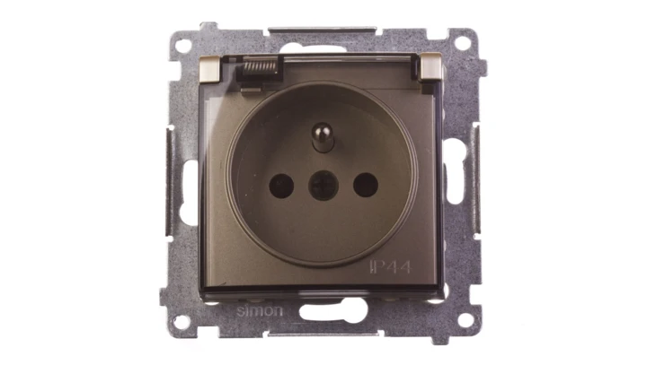 Simon 54 Gniazdo bryzgoszczelne z/u IP44 z klapką transparentną złoty mat DGZ1BUZ.01/44A