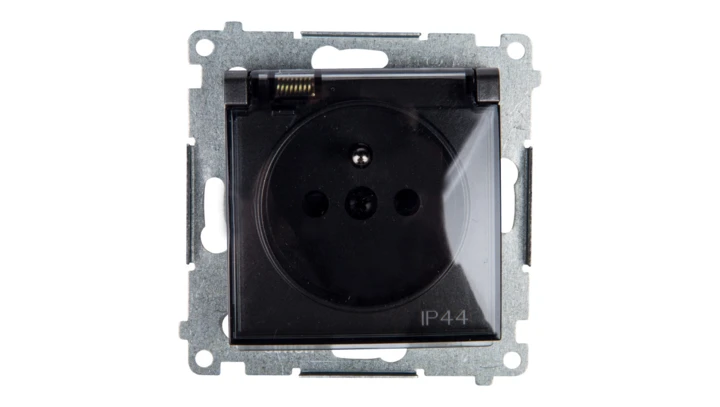 Simon 54 Gniazdo bryzgoszczelne z/u IP44 z klapką transparentną bez uszczelki antracyt DGZ1BUZ.01/48A