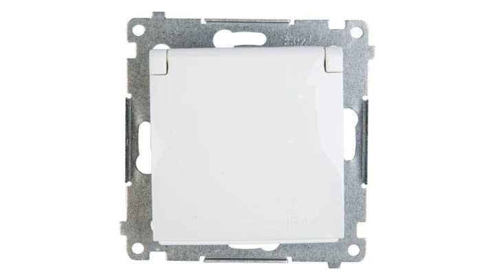 Simon 54 Gniazdo pojedyncze z/u 16A IP44 z przesłoną torów z klapką białe DGZ1BUZ.01/11