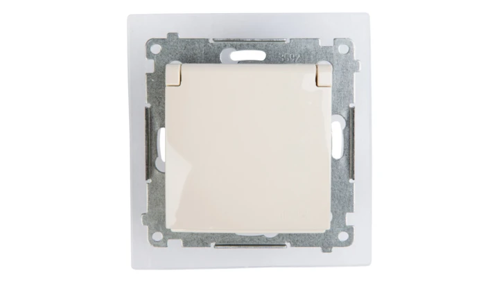 Simon 54 Gniazdo bryzgoszczelne z/u IP44 z przesłoną torów i klapką pełną kremowe DGZ1BZ.01/41