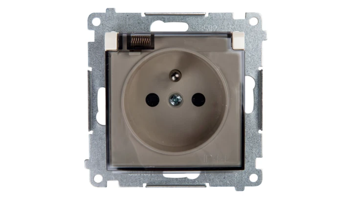 Simon 54 Gniazdo bryzgoszczelne z/u IP44 z klapką transparentną bez uszczelki kremowe DGZ1BUZ.01/41A