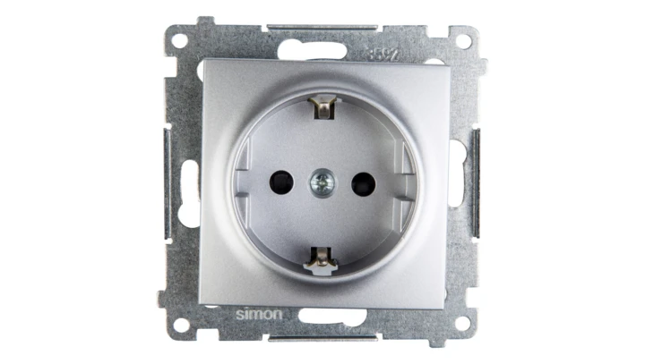 Simon 54 Gniazdo pojedyncze SCHUKO z/u 16A IP20 z przesłoną torów, szybkozłącza, srebrny mat DGSz1CZ.01/43