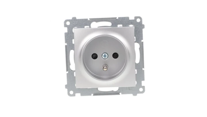 Simon 54 Gniazdo pojedyncze z/u 16A IP20 z przesłoną torów, szybkozłącza, srebrny mat DGZ1CZ.01/43