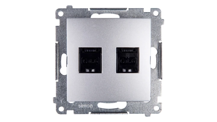 Simon 54 Gniazdo komputerowe podwójne 2xRJ45 kat.6 z przesłoną srebrny mat D62.01/43