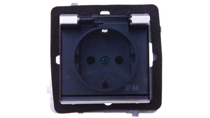SONATA Gniazdo bryzgoszczelne z/u Schuko IP44 klapka przezroczysta srebro mat GPH-1RS/m/38/d