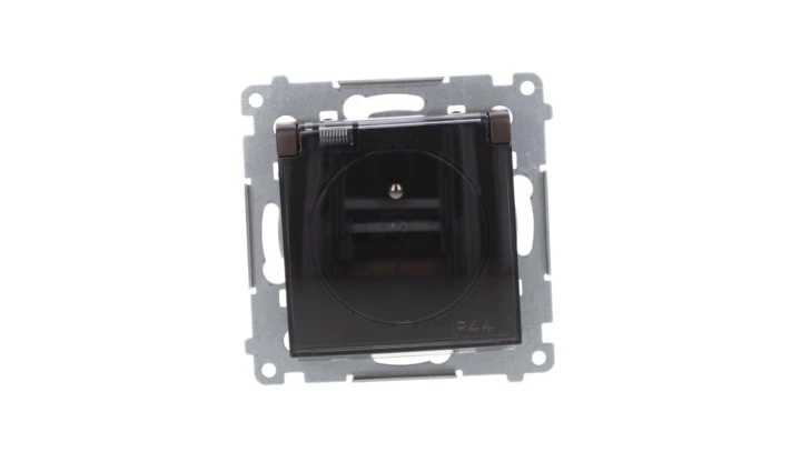 Simon 54 Gniazdo bryzgoszczelne (bez uszczelki) IP44 z przesłoną torów z klapką brąz mat DGZ1BUZ.01/46A