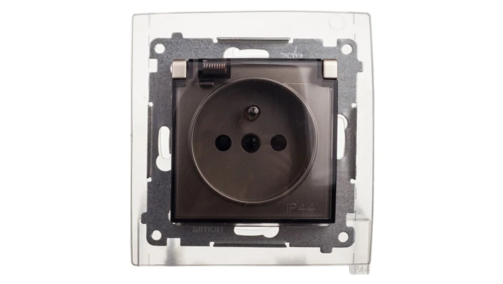 Simon 54 Gniazdo bryzgoszczelne z/u IP44 z klapką transparentną złoty mat DGZ1BZ.01/44A