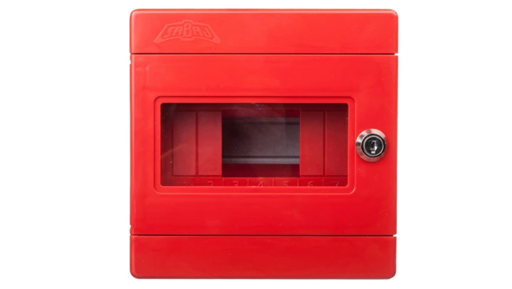 Rozdzielnica natynkowa modułowa 7 modułów IP44 180X180X100, czerwona z zamkiem i szybą, ALFA 3 Z