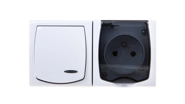 MADERA Łącznik hermetyczny pojedynczy z podświetleniem + gniazdo pojedyncze z/u z klapką przezroczystą biały ZH-NŁ1SG/00/d