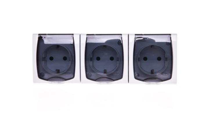 MADERA Gniazdo hermetyczne potrójne z/u Schuko IP44 z przesłonami klapka przezroczysta białe GNH-3NSP/00/d