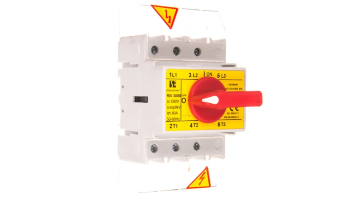 Rozłącznik izolacyjny 3P 80A z pokrętłem na rozłączniku czerwonym RSI-3080W03