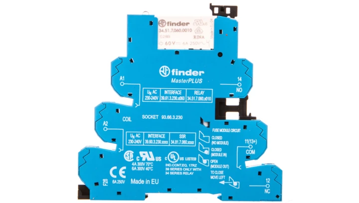 Przekaźnikowy moduł sprzęgający 6,2mm MasterPLUS 1P 6A 220-240V AC styki AgNi zaciski sprężynowe 39.61.3.230.0060