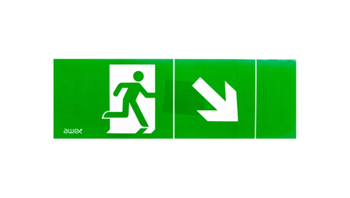 Piktogram PM23 100x300 człowiek w drzwiach obrotowa strzałka logo awex (ISO7010)