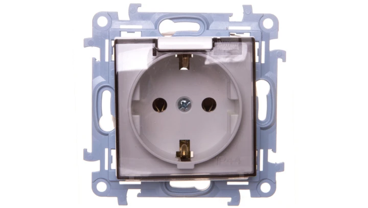 Simon 10 Gniazdo pojedyncze SCHUKO z uszczelką klapka transparetna biała 16A 250V IP44 CGSZ1B.01/11A