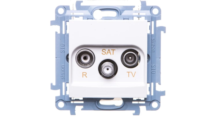 Simon 10 Gniazdo antenowe R-TV-SAT przelotowe białe IP20 CASP.01/11