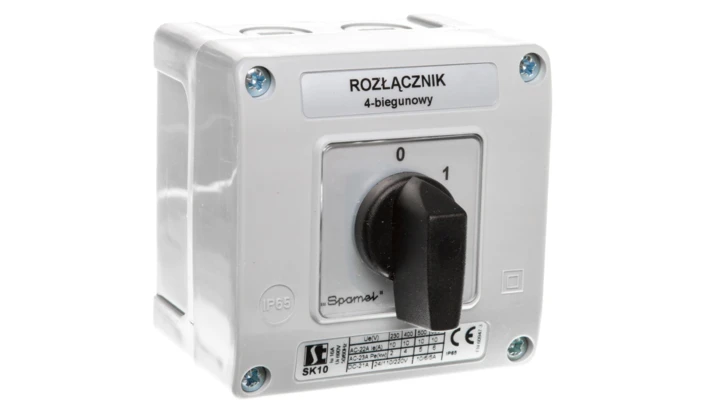 Łącznik krzywkowy 0-1 4P 10A w obudowie pokrętło czarne SK10-2.8210OB11