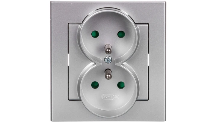 SONATA Gniazdo podwójne z/u z przesłonami srebro mat GP-2RZP/38