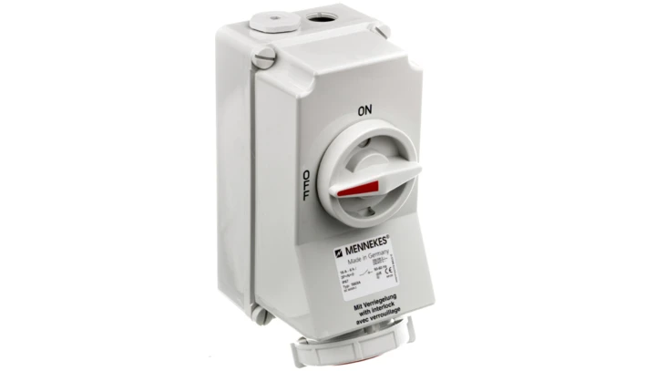 Gniazdo naścienne z rozłącznikiem 16A 5p 6h 400V IP67 z podwójną blokadą mechaniczną MEN5603A