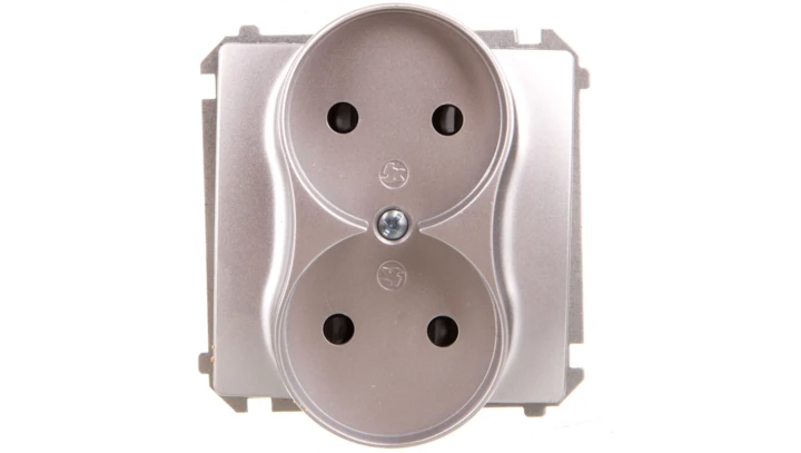 Simon Basic Gniazdo wtyczkowe podwójne bez uziemienia z przesłonami torów 16A 250V srebrny mat BMG2Mz.01/43