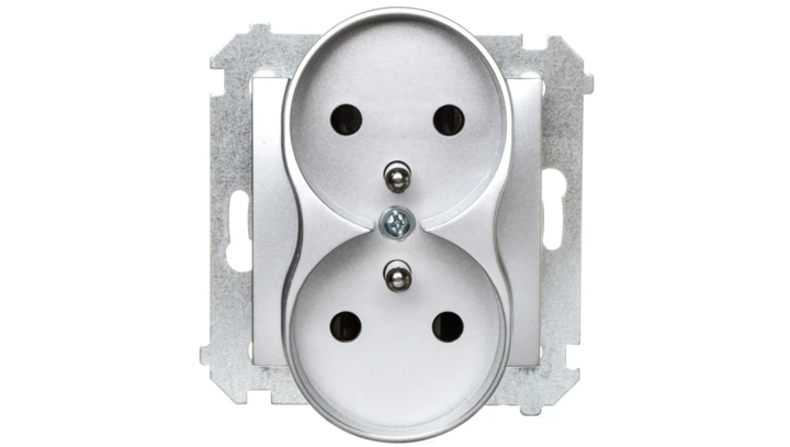 Simon 54 Nature Gniazdo podwójne z/u 16A 250V z przesłonami do ramek srebrne DGZ2MZN.01/43