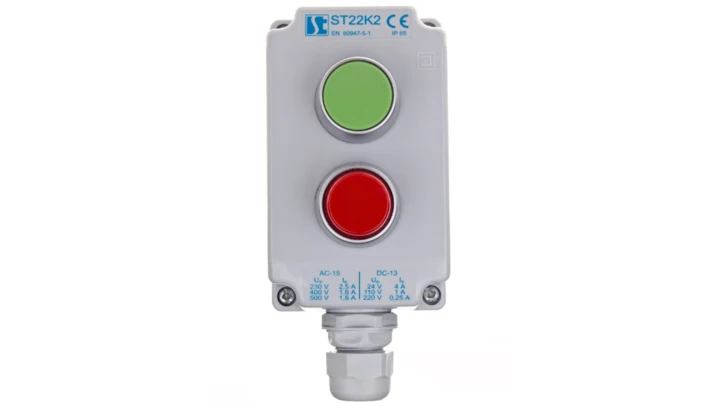 Kaseta sterownicza 2-otworowa zielony/czerwony 1Z 1R szara IP65 2x dławnica szara M20 ST22K2\02-2