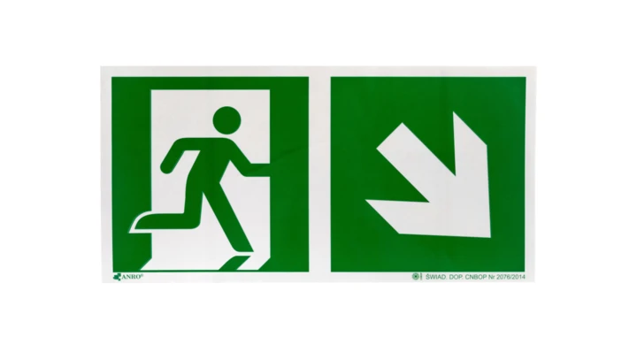 Samoprzylepna tabliczka ostrzegawcza /Kierunek do wyjścia w prawo i w dół/ IE/002/2/A/FS