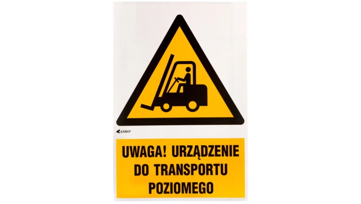 Samoprzylepna tabliczka ostrzegawcza /Ostrzeżenie przed urządzeniami do transportu poziomego z podpisem/ IW/014/1/C1/F