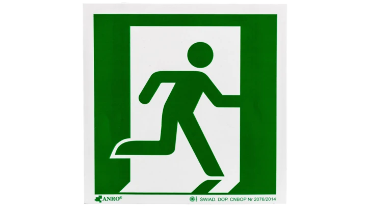 Samoprzylepna tabliczka ostrzegawcza /Drzwi ewakuacyjne (w prawo) 150x150/ IE/002/F/FS