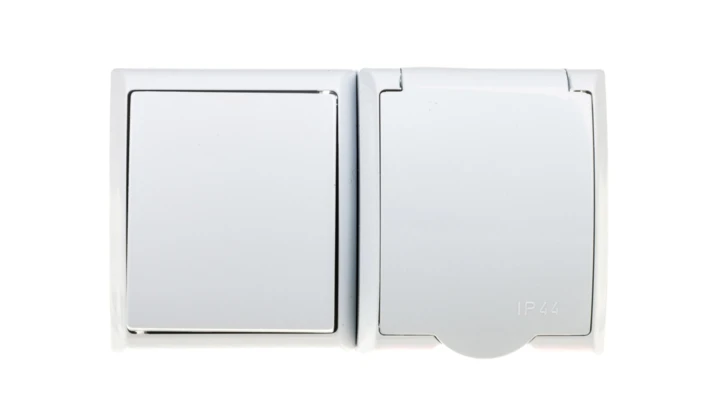 FALA Łącznik hermetyczny pojedynczy + gniazdo z/u Schuko z klapką białe ZH-Ł1GS/00/w