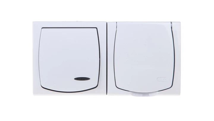 MADERA Łącznik hermetyczny pojedynczy z podświetleniem + gniazdo hermetyczne pojedyncze z/u z klapką biały ZH-NŁ1SG/00/w