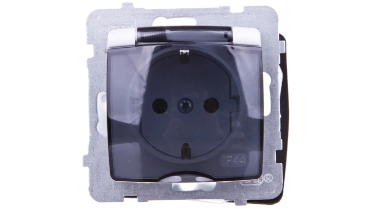 KARO Gniazdo bryzgoszczelne z/u Schuko IP44 z przesłonami klapka przezroczysta białe GPH-1SSP/m/00/d