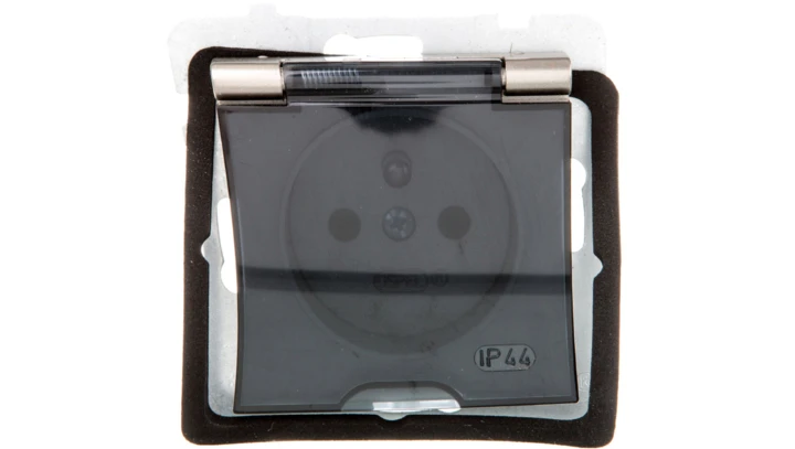 AS Gniazdo bryzgoszczelne z/u IP44 z przesłonami klapka przezroczysta satyna light GPH-1GZP/m/45/d