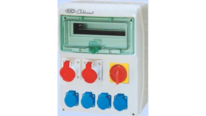 Rozdzielnica RSS-04 z rozłącznikiem 0-1 100A okienko 12 modułów okablowana 2x16A 3P+N+Z 400V, 4x16A 2P+Z 250V IP44 942046