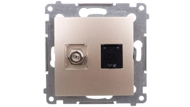 Simon 54 Gniazdo antenowe typu F+ komputerowe RJ45 kat.6 złoty mat DASFRJ45.01/44