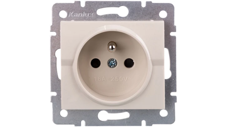 LOGI Gniazdo pojedyncze 2P+Z z przesłoną styków śrubowe 16A 250V Kremowy 25149