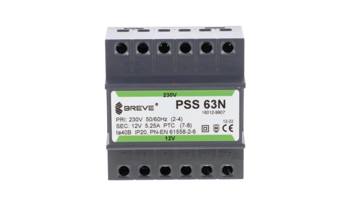 Transformator 1-fazowy modułowy bezpieczeństwa PSS 63N 230/ 12V 5,25A, na szynę DIN, IP20, Ta 40, 16012-9907