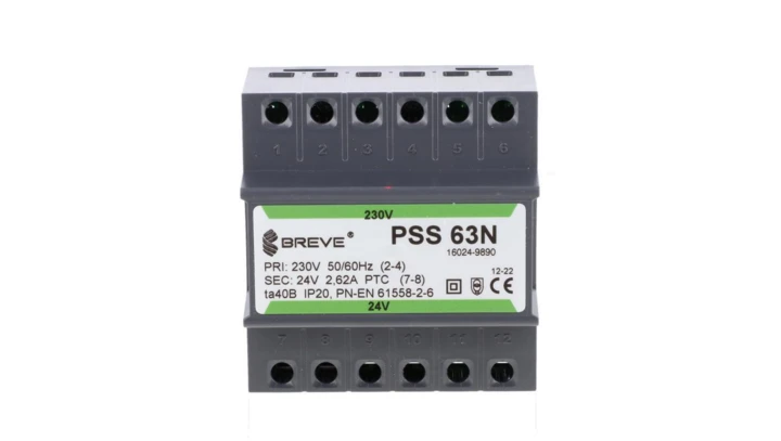 Transformator 1-fazowy modułowy bezpieczeństwa PSS 63N 230/ 24V 2,6A, na szynę DIN, IP20, Ta 40, 16024-9890