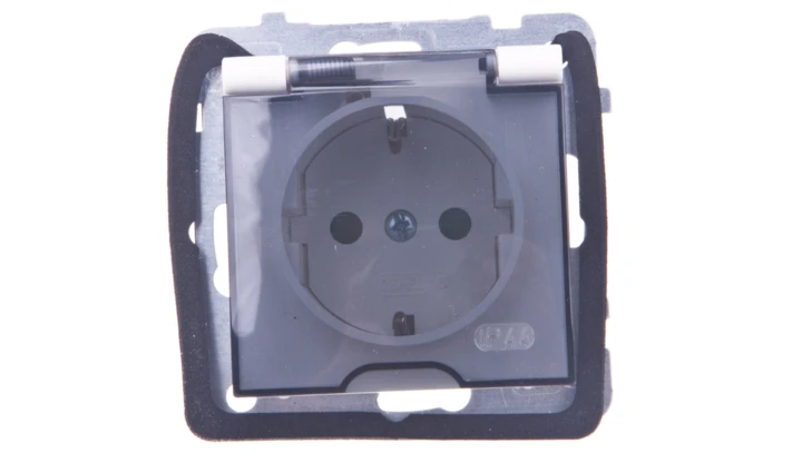 AS Gniazdo bryzgoszczelne z/u Schuko IP44 z przesłonami klapka przezroczysta ecru GPH-1GSP/m/27/d