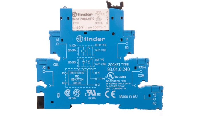 Przekaźnikowy moduł sprzęgający 6,2mm, 1P 6A 220-240V AC/DC, styki AgSnO2, zaciski śrubowe, szyna DIN 38.51.0.240.4060