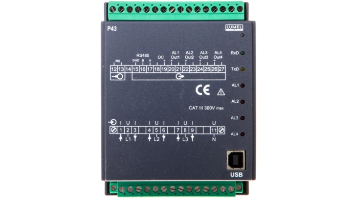Programowalny przetwornik sieci 3-fazowej wejście I 5A wejście U 3x57,7/100V zasilanie 85-253V AC 90-320V DC wyjście 4 analog. P