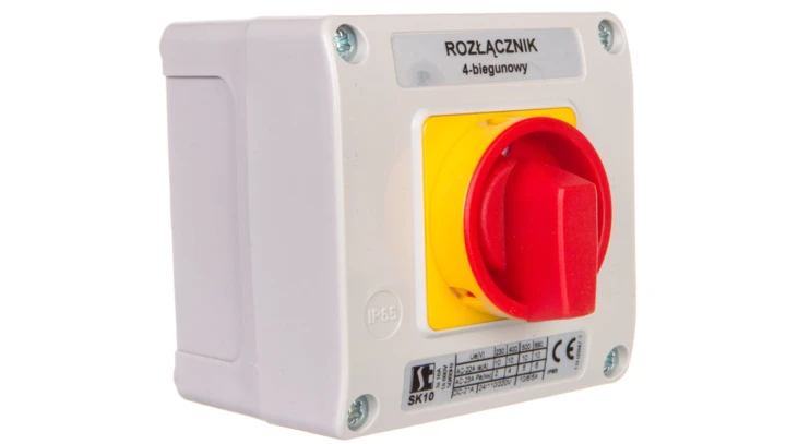 Łącznik krzywkowy 10A rozłącznik 0-1 4P w obudowie OB11 z czołem zamykanym żółto/czerwonym SK10-2.8210\OB11ZC