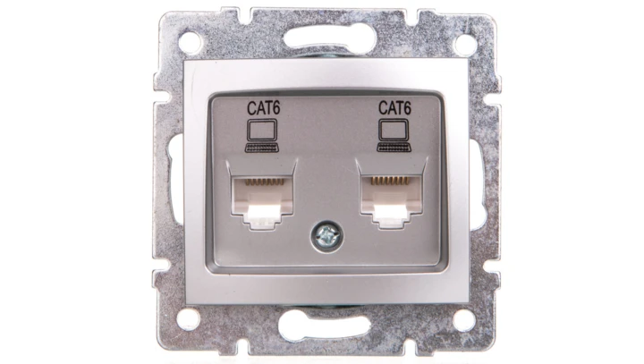 DOMO Gniazdo komputerowe podwójne niezależne 2x RJ45Cat 6 Jack srebrne 011420043 24874