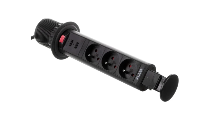 Biurkowy przedłużacz wpuszczany fi 60mm czarny 3x gniazdo z uziemieniem 2xUSB 2,1A 5V AE-BPW3U60U-20