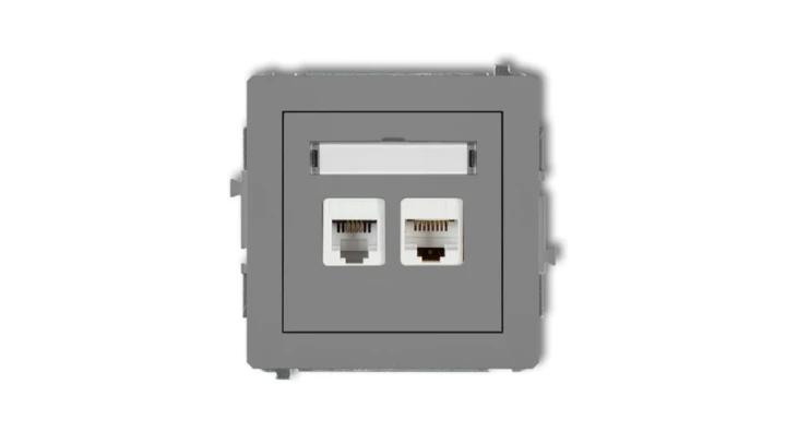 DECO Gniazdo telefoniczne pojedyncze 1xRJ11 + komputerowego pojedyncze 1xRJ45, kat. 5e, 8-stykowy, beznarzędziowe szary mat 27DG