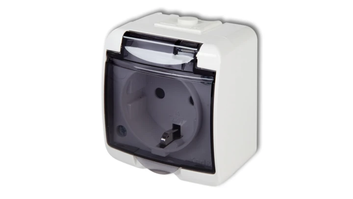 JUNIOR Gniazdo pojedyncze z/u SCHUKO (klapka dymna) biały GHE-1sd
