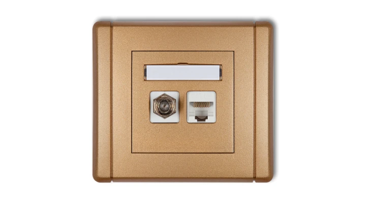 FLEXI Gniazdo antenowe pojedyncze typu F (SAT) + gniazdo komputerowe pojedyncze 1xRJ45 kat. 5e 8-stykowe złoty metalik 8FGFK-1