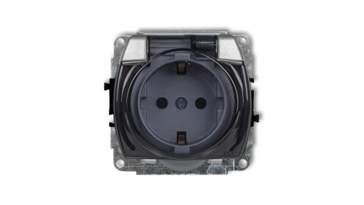 TREND Gniazdo bryzgoszczelne z/u SCHUKO (klapka dymna) srebrny metalik 7GPB-1sdp